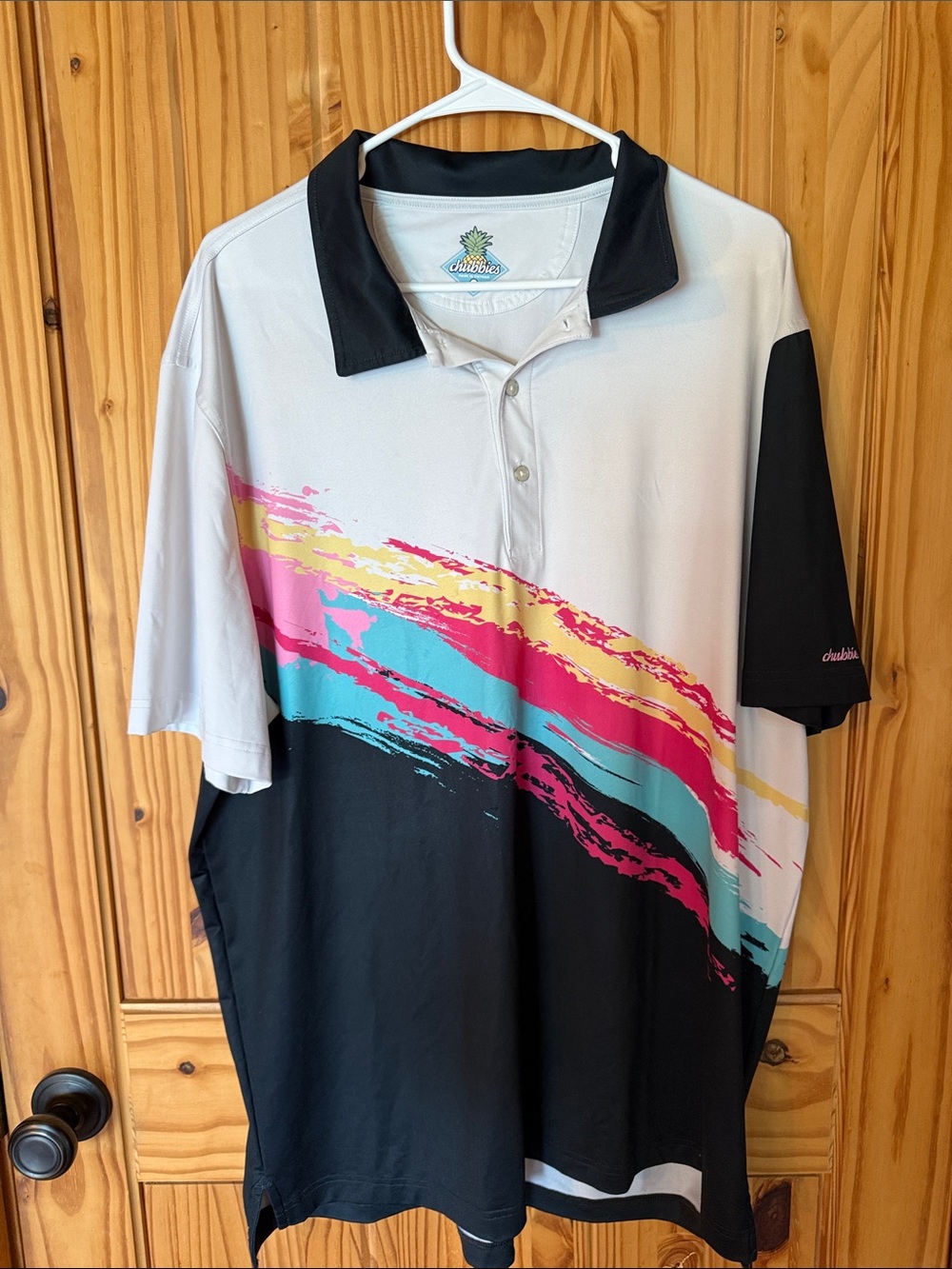 chubbies White & Black Polo with Pink, Teal & Yellow Brushstrokes